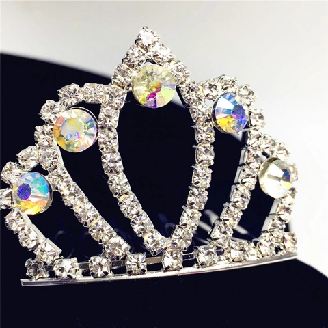Mädchen Prinzessin Diadem Krone Legierung Silber Strass Haarkamm Mit AB Bunten Kristallen Für Hochzeit Party Performance