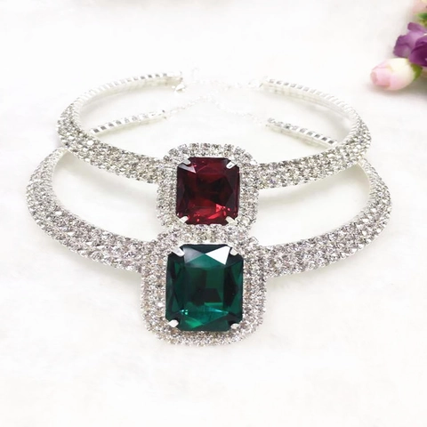 Luxury Choker Necklace Silver Plated Alloy With Large Rectangular Rhinestone Pendant Vintage Elegant Jewelry For Women Banquet Party Wedding