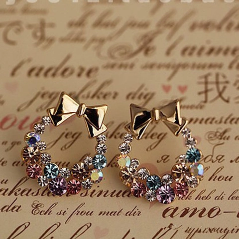 Women Alloy Colorful Rhinestone Bowknot Wreath Stud Earrings With Stainless Steel Post Korean Style Commute Jewelry Gift