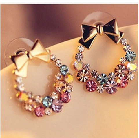 Women Alloy Colorful Rhinestone Bowknot Wreath Stud Earrings With Stainless Steel Post Korean Style Commute Jewelry Gift