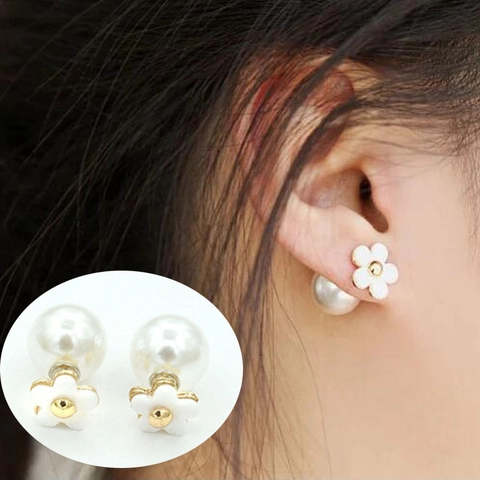 Koreanischer Stil Blume Künstliche Perle Ohrstecker Für Damen Elegant Legierung Doppelseitige Florale Ohrringe Mode Schmuck