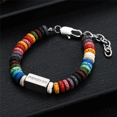 Rainbow Volcanic Lava Stone Beaded Bracelet For Men Women Titanium Steel Forever Charm Adjustable Link Chain Jewelry Gift