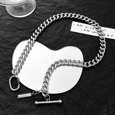 Collana Unisex Catena Cubana Hip Hop Acciaio Inossidabile Chiusura a Scomparsa Strass Intarsiato Pendente Rettangolare