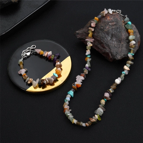 Natural Crushed Gemstone Necklace And Bracelet Irregular Stone Chip Beads Handmade Bohemian Vintage Jewelry For Men Women