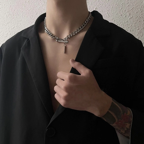 Collana Unisex Catena Cubana Hip Hop Acciaio Inossidabile Chiusura a Scomparsa Strass Intarsiato Pendente Rettangolare