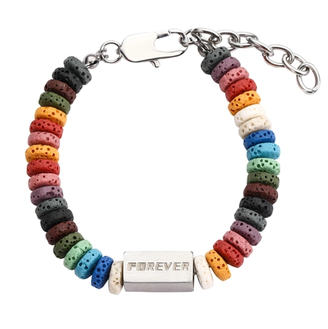 Rainbow Volcanic Lava Stone Beaded Bracelet For Men Women Titanium Steel Forever Charm Adjustable Link Chain Jewelry Gift