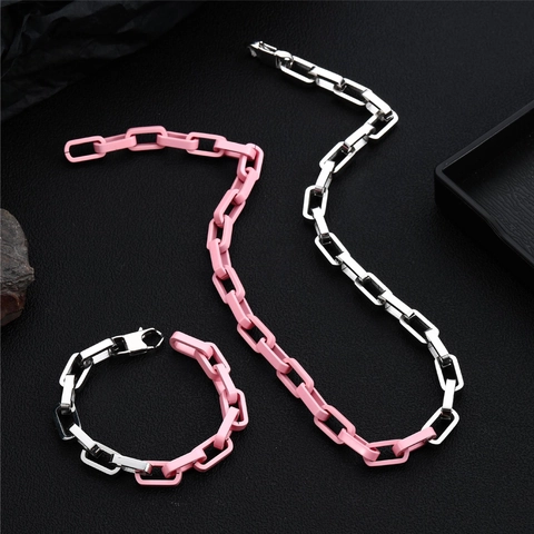 Collana Hip Hop in Acciaio Inossidabile con Catena Cubana per Uomo Donna Lacca Colorata Maglia Rettangolare Gioielli