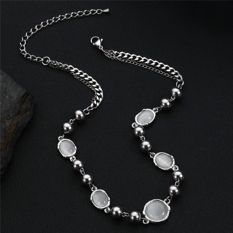 Titanium Steel Cat's Eye Stone Necklace Bracelet Vintage Polished White Stone Unisex Fashion Jewelry Accessory For Daily Wear
