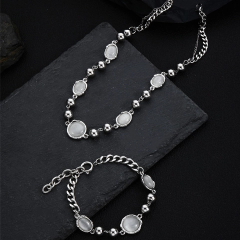 Titanium Steel Cat's Eye Stone Necklace Bracelet Vintage Polished White Stone Unisex Fashion Jewelry Accessory For Daily Wear