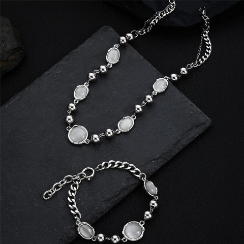 Collana con Ciondolo in Pietra Occhio di Gatto in Acciaio al Titanio Minimalista e Bracciale Catena da Clavicola Gioielli per Unisex
