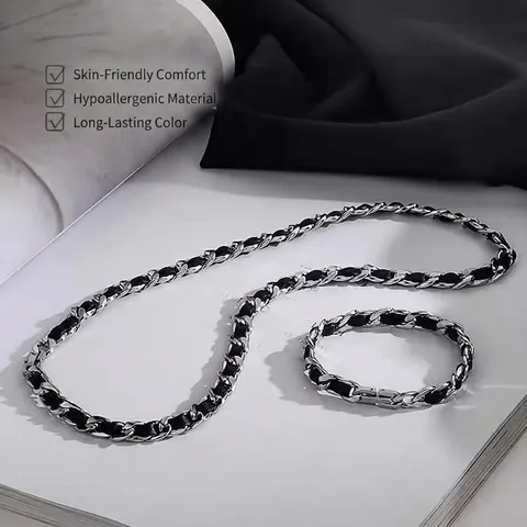 Titanstahl Schwarz Leder Umwickelte Panzerkette Halskette Hip Hop Schlüsselbein Kette Schmuck Für Damen Herren Vielseitig Zubehör