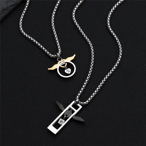 Collana di Coppia in Acciaio al Titanio Hip Hop Set Ali d'Angelo Ciondolo a Cuore Strass Intarsiato Lucido Catena Lunga per Amanti Uomo Donna