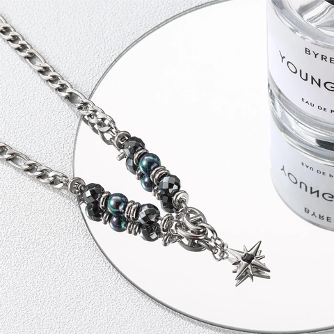 Collier Pendentif Étoile En Acier Titane Avec Perles D'Hématite Et Irisées Pour Hommes Bijoux Style Industriel Hip Hop