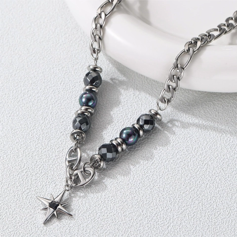 Collier Pendentif Étoile En Acier Titane Avec Perles D'Hématite Et Irisées Pour Hommes Bijoux Style Industriel Hip Hop