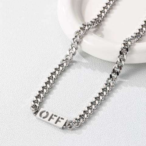 Hip Hop Titanium Stalen Cubaanse Schakelketting Voor Heren Met Hol OFF Letter Hanger Street Style Urban Sieraden Zilver