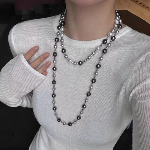 Vintage Mixed Color Artificial Pearl Necklace With Rhinestone Pave Round Clasp Stainless Steel Chain Elegant Unisex Jewelry