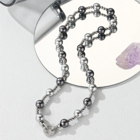 Vintage Mixed Color Artificial Pearl Necklace With Rhinestone Pave Round Clasp Stainless Steel Chain Elegant Unisex Jewelry