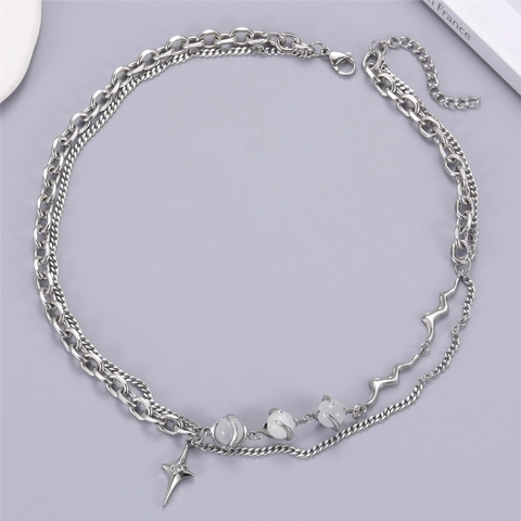 Collier Double Couche en Acier Inoxydable Avec Pendentif Étoile Et Perles Oeil De Chat Chaîne Gourmette Ras Du Cou Multicouche Bijoux Unisexe