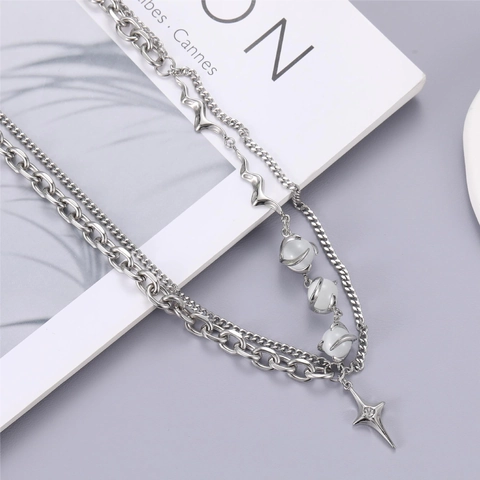 Collier Double Couche en Acier Inoxydable Avec Pendentif Étoile Et Perles Oeil De Chat Chaîne Gourmette Ras Du Cou Multicouche Bijoux Unisexe