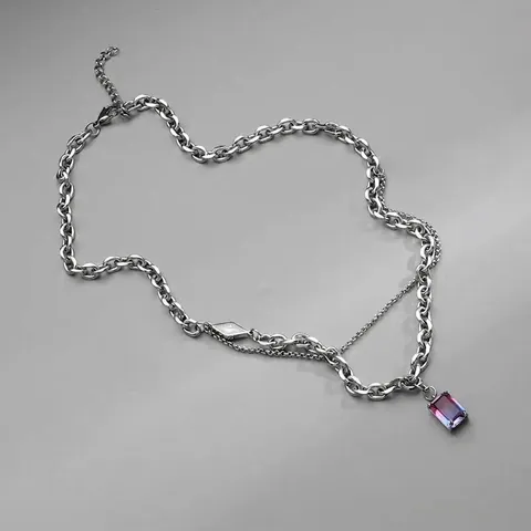 Collana a Doppio Strato in Acciaio al Titanio Con Ciondolo in Gemma Sfumata Gioielli Geometrici Lucidi Accessorio Moda