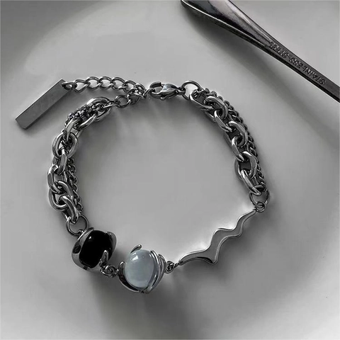 Pulsera de Acero de Titanio con Piedra de Ojo de Gato de Diseño de Nicho Color Plata Cadena Geométrica de Ondas para Hombre Mujer Unisex Joyería Industrial