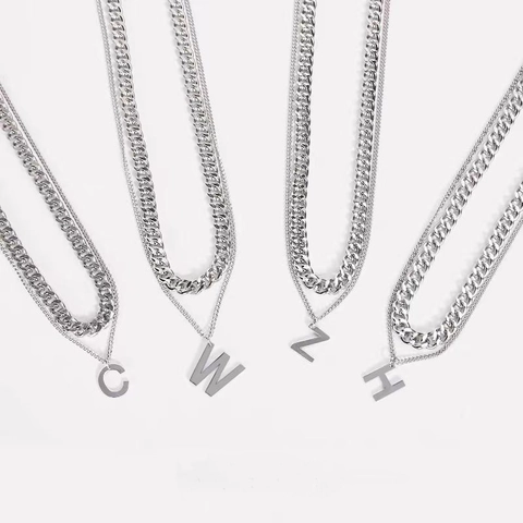 Collana con Pendente Lettera Iniziale in Acciaio Inossidabile Doppio Strato Catena Curb Hip Hop Gioielli Unisex