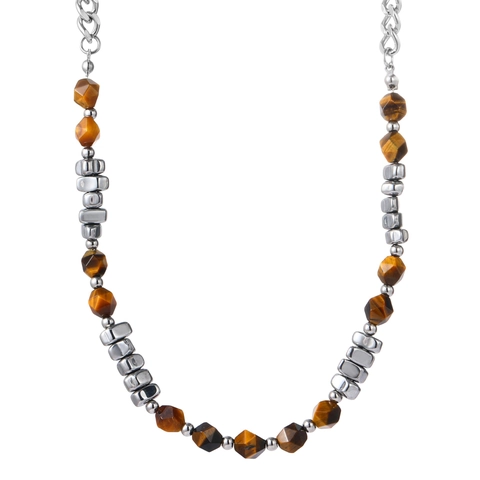 Collana in Acciaio al Titanio con Splicing in Pietra Occhio di Tigre Nuovo Stile Cinese per Uomo Donna Gioielli a Catena Unisex
