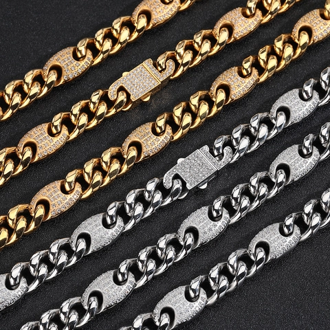 Hiphop Stijl Titanium Staal Cubaanse Schakel Ketting Armband Set Zirconia Koffieboon Sieraden Voor Mannen Vrouwen