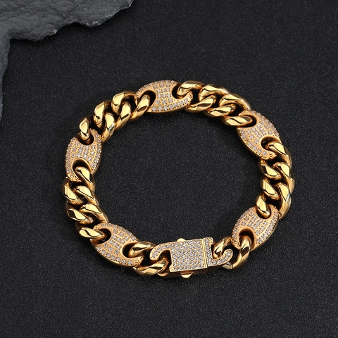 Hiphop Stijl Titanium Staal Cubaanse Schakel Ketting Armband Set Zirconia Koffieboon Sieraden Voor Mannen Vrouwen