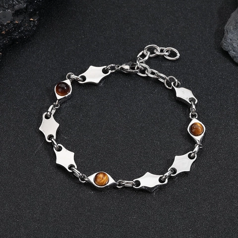 Stainless Steel Rhombus Link Bracelet Necklace Set Tiger Eye Malachite Artificial Pearl Obsidian Minimalist Jewelry For Men Women