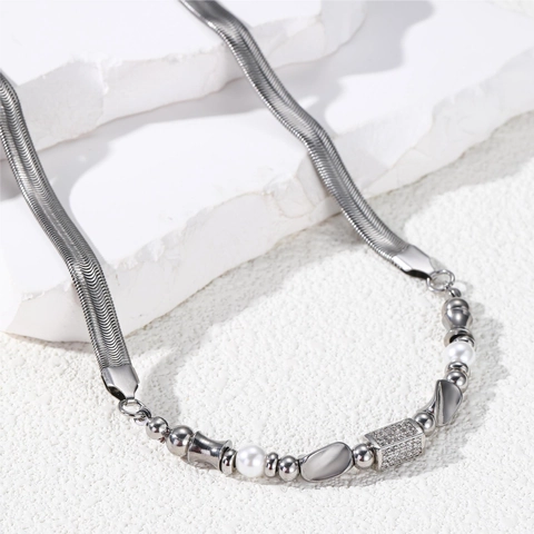 Collana a Giuntura in Acciaio al Titanio Con Ciondolo in Perla Artificiale e Strass Per Uomo Donna Gioielli di Moda