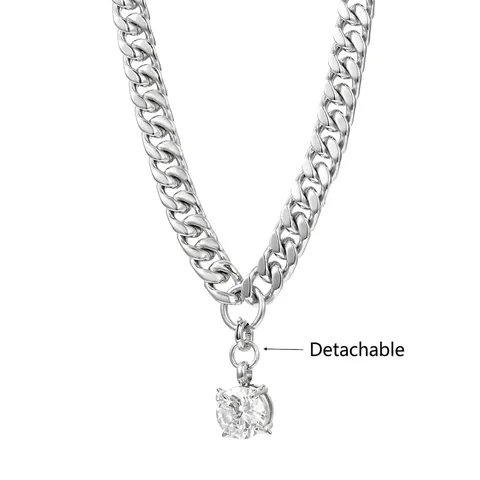 Collar de Cadena Cubana de Acero de Titanio para Hombre Con Colgante de Strass Redondo Desmontable Metal Pulido Joyería de Moda Unisex