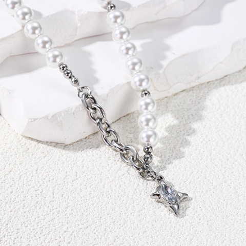 Titanium Staal Asymmetrische Kunstparel Halsketting Ster Hanger Strass Ingelegde Hip Hop Punk Choker Sieraden