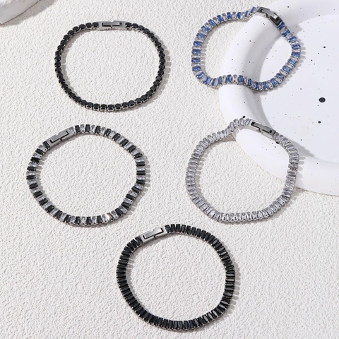Bracelet Tennis en Acier Inoxydable pour Hommes Femmes Zircon Rectangle Hip Hop Chaîne à Maillons Géométriques Bijoux
