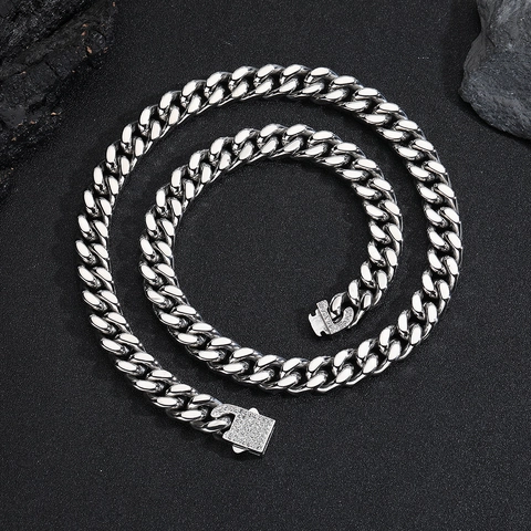Hip Hop Titanium Steel Cuban Link Necklace Bracelet Rhinestone Clasp Gold Silver Plated Chain Streetwear Jewelry For Men Women