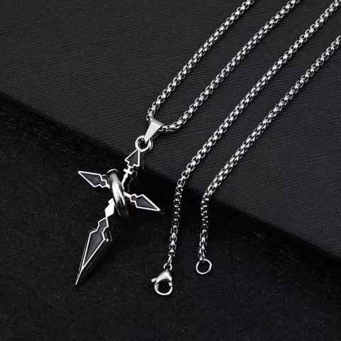 Collana con Ciondolo a Croce in Acciaio al Titanio Gothic per Uomo Donna Hip Hop Forma di Spada con Accento ad Anello Smalto Nero