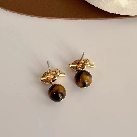 Orecchini a Bottone con Nodo Oro Vintage con Perno in Argento Sterling 925 Perle in Pietra Occhio di Tigre Naturale Donna