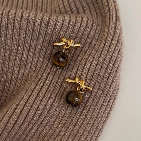 Orecchini a Bottone con Nodo Oro Vintage con Perno in Argento Sterling 925 Perle in Pietra Occhio di Tigre Naturale Donna