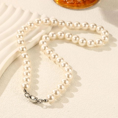 Elegant Titanium Steel Artificial Shell Pearl Necklace Bracelet Minimalist Round Beaded Jewelry Set For Women Party Decoration