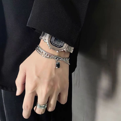 Gelaagde Cubaanse Schakel Titanium Stalen Sieraden Zwarte Rechthoek Zirconia Hanger Hip Hop Punk Unisex Streetwear Voor Mannen