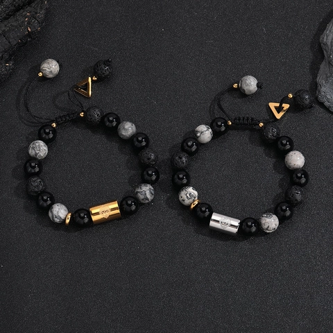 Pulsera para Hombre de Piedra de Lava Natural y Obsidiana con Cuentas de Acero Inoxidable Cabeza de León Joyería Ajustable Regalo