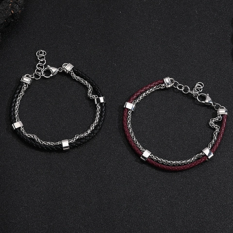 Pulsera de Doble Capa de Cadena de Acero de Titanio y Cuero Trenzado Brazalete Punk Minimalista de Moda para Hombre Pareja
