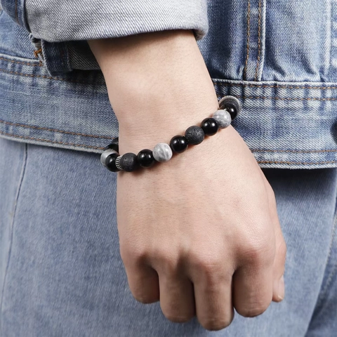 Natural Lava Stone Snowflake Stone Beaded Bracelet For Men Women Adjustable Braided Rope Minimalism Jewelry Daily Gift