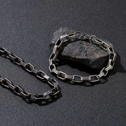 Vintage Hip Hop Titanium Steel Chain Jewelry For Men Women Punk Industrial Diagonal Texture Link Necklace And Bracelet Set