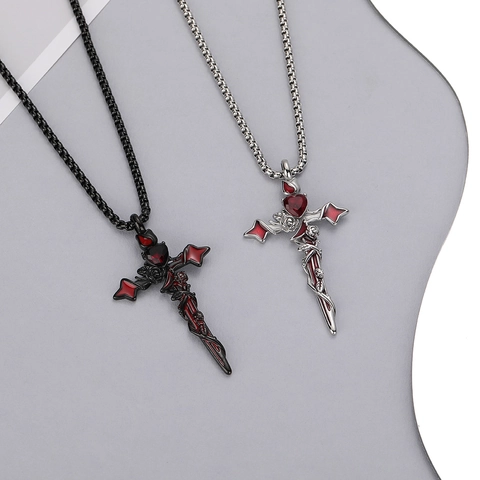 Gothic Roos Kruis Hart Hanger Halsketting Titanium Staal Rood Hart Doorn Zwaard Donker Romantische Sieraden Voor Heren Dames