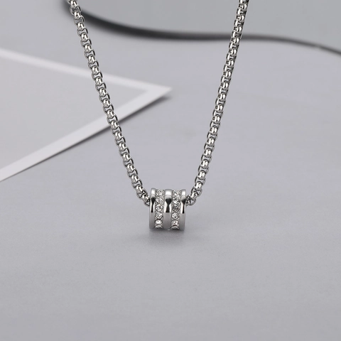 Collar de Cuenta de Transferencia de Acero Inoxidable para Hombre Mujer Colgante Cilíndrico con Zirconia Cadena de Caja Joyería de Moda