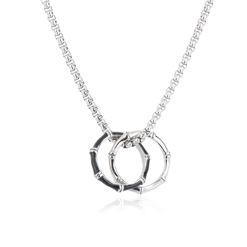 Vintage Roestvrij Staal Bamboeknoop Ineengrijpende Dubbele Ring Hanger Halsketting Zwart Emaille Hip Hop Stijl Voor Mannen Vrouwen Streetwear Sieraden