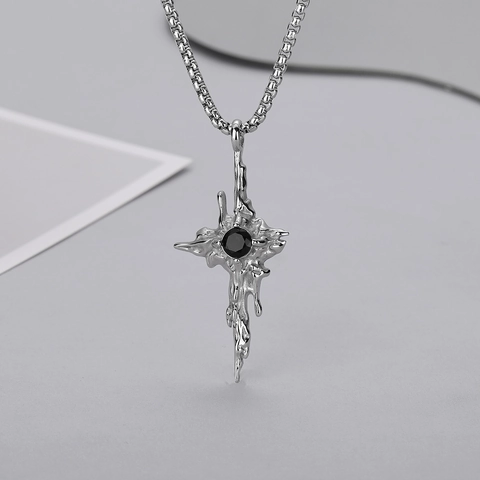 Men Gothic Molten Lava Cross Pendant Necklace Titanium Steel Silver Black Zirconia Inlaid Box Chain Punk Jewelry For Men Women