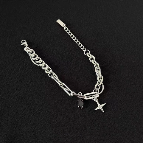 Bracciale e Collana in Acciaio al Titanio con Stella a Quattro Punte Strass e Catena a Strati per Uomo Donna Unisex Gioielli Hip Hop