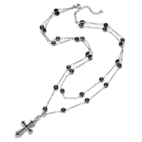 Gothic Layered Cross Pendant Necklace Titanium Steel Black Rhinestone Multi Layer Chain Fashion Jewelry For Men Women